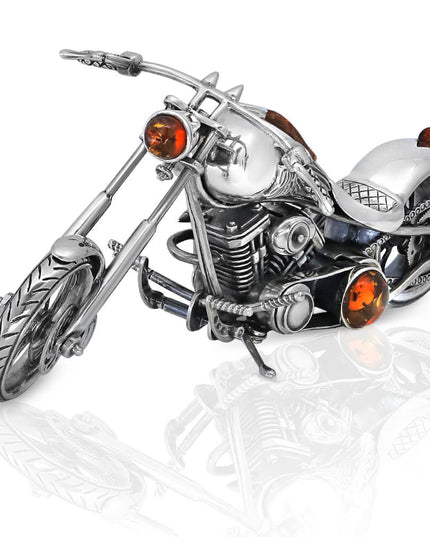 Silver Bike Handmade 925 Sterling Silver Motorbike Figurine with Baltic Amber – 6.3" x 2.35", 162g