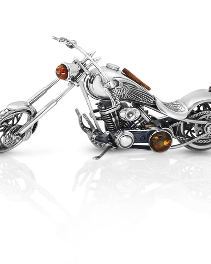 Silver Bike Handmade 925 Sterling Silver Motorbike Figurine with Baltic Amber – 6.3" x 2.35", 162g