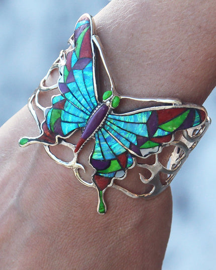 Multicolor Butterfly Cuff Bracelet – 925 Sterling Silver with Genuine Gemstones