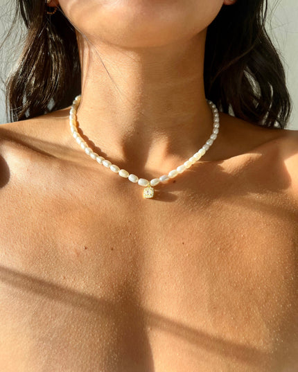 ALVARA Pearl Necklace – Sterling Silver & 14k Gold, Drop or Square Style (16"+2")