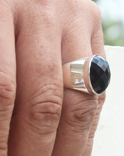 Onyx Pixel Ring – Sterling Silver Handmade Oval Onyx Statement Ring