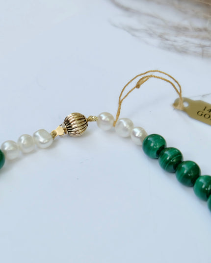 Malachite Pearl Necklace with Baroque Pearl & 14K Gold Clasp – Hand-Knotted on Silk
