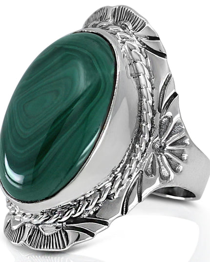 Malachite 925 Sterling Silver Handmade Ring – Green Stone, 34mm Length, Sizes 9–14, Made in Thailand