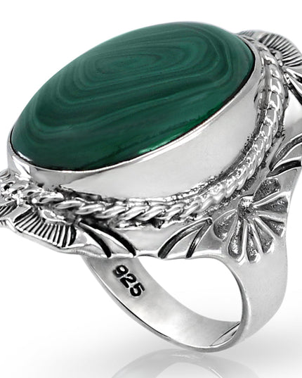 Malachite 925 Sterling Silver Handmade Ring – Green Stone, 34mm Length, Sizes 9–14, Made in Thailand
