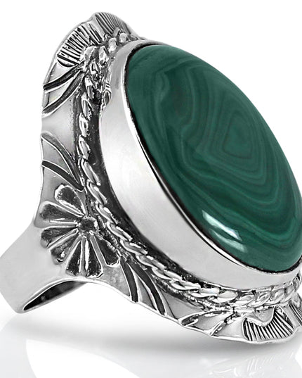 Malachite 925 Sterling Silver Handmade Ring – Green Stone, 34mm Length, Sizes 9–14, Made in Thailand