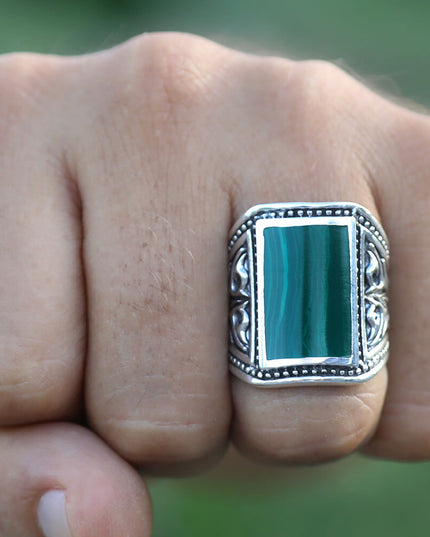 Malachite or Turquoise 925 Sterling Silver Ring – 20x13mm Stone, Sizes 8–15, Made in Thailand