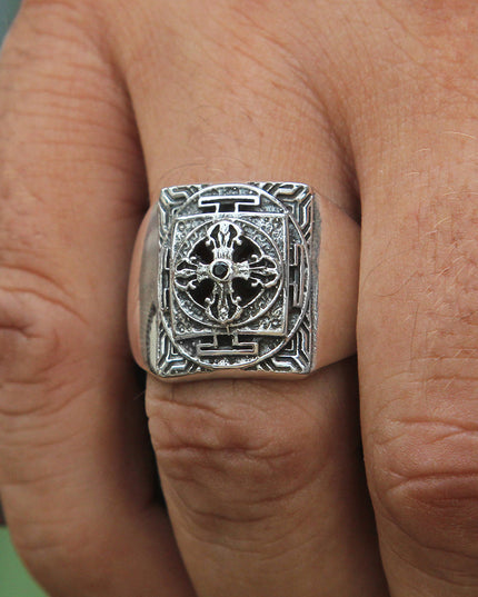 Cross Signet Ring – 925 Sterling Silver with Black CZ Stones