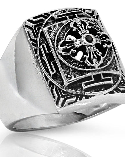 Cross Signet Ring – 925 Sterling Silver with Black CZ Stones