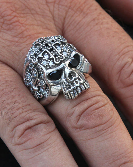 Cross Skull Ring – 925 Sterling Silver with Black & White CZ Stones