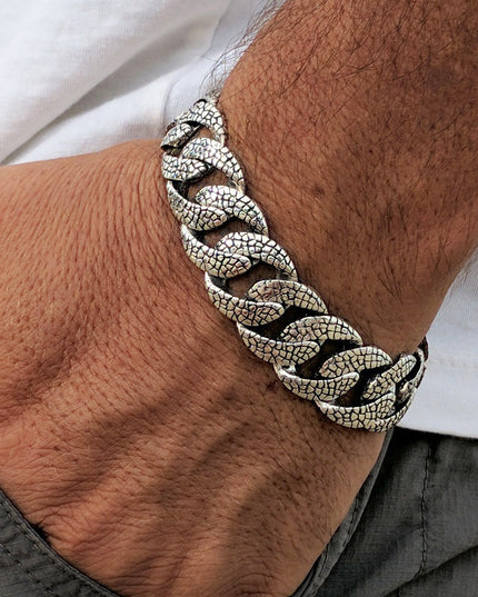 Lizard Skin Bracelet – 925 Sterling Silver, 10” Double-Lock Cuff, Handmade Thai Jewelry, 17.5mm Width