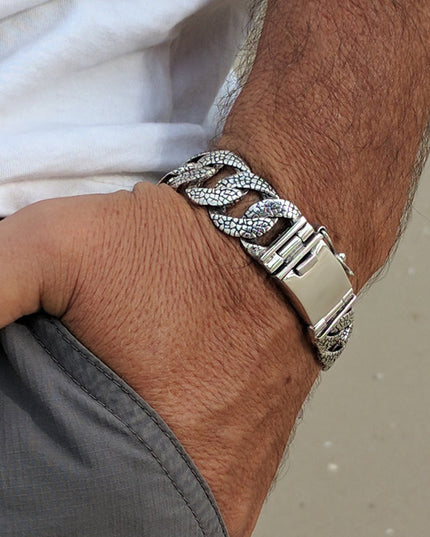 Lizard Skin Bracelet – 925 Sterling Silver, 10” Double-Lock Cuff, Handmade Thai Jewelry, 17.5mm Width