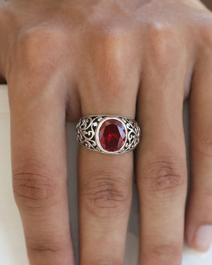Merlot Ring – Handmade 925 Sterling Silver CZ Ring with Red Cubic Zirconia, 14mm Wide, Adjustable Size 7-14