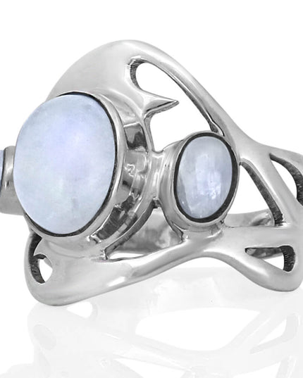 Three Dreams 925 Sterling Silver Women’s Ring – Blue Opal & Moonstone Trio, Sizes 6–12, Handmade Design