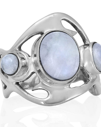 Three Dreams 925 Sterling Silver Women’s Ring – Blue Opal & Moonstone Trio, Sizes 6–12, Handmade Design