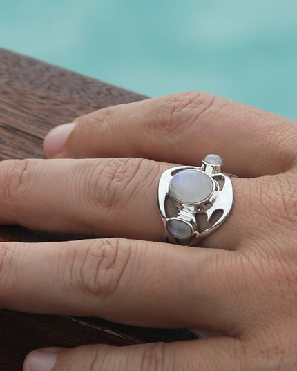 Three Dreams 925 Sterling Silver Women’s Ring – Blue Opal & Moonstone Trio, Sizes 6–12, Handmade Design
