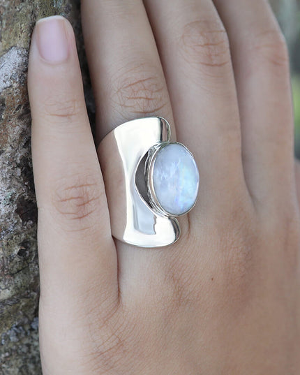 Moon Silver 925 Sterling Silver Women’s Ring with Moonstone – 25mm Length, Free Size