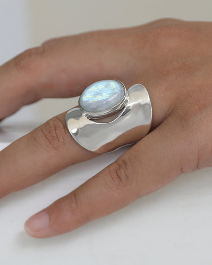 Moon Silver 925 Sterling Silver Women’s Ring with Moonstone – 25mm Length, Free Size
