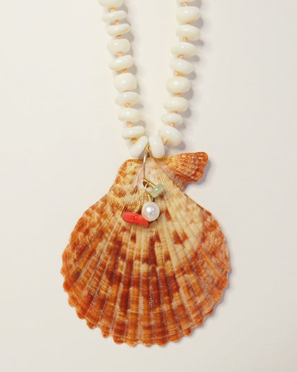 Mother of Pearl Shell Charm Necklace – Hand-Knotted Beads with Coral, Pearl & Tourmaline Charms, 14K Gold-Filled Clasp