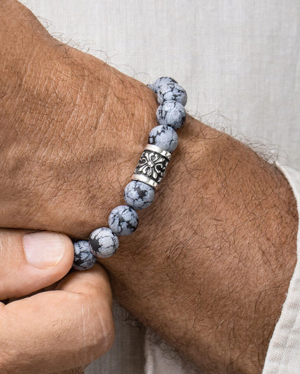 Snowflake Obsidian Bracelet – Natural Gemstone Beaded Bracelet in 925 Sterling Silver, Calming & Balance Jewelry for Men & Women