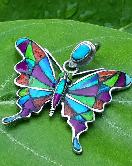 Colorful Butterfly Pendant – 925 Sterling Silver with Genuine Gemstones
