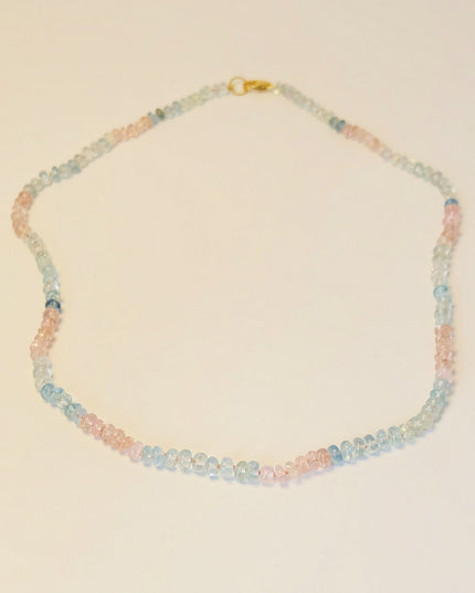 Aquamarine Rose Quartz Candy Necklace – Hand-Knotted Beaded Necklace with 14K Gold Clasp