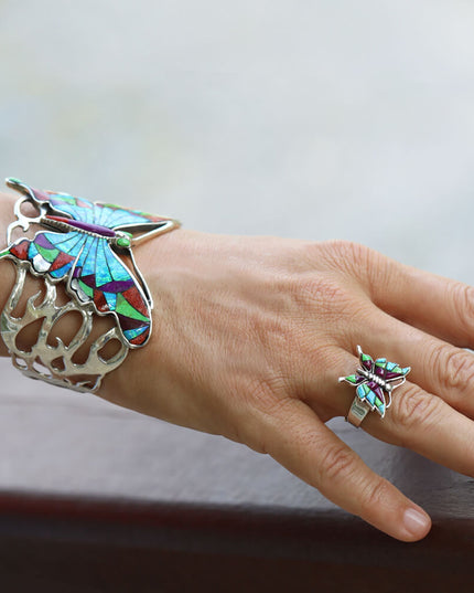Handmade Sterling Silver Butterfly Ring – Adjustable, Blue Opal or Colorful Gemstones
