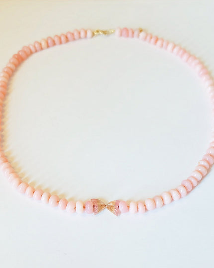 Pink Opal Necklace with Tourmaline Butterfly Charm – 14K Gold & Hand-Knotted Silk