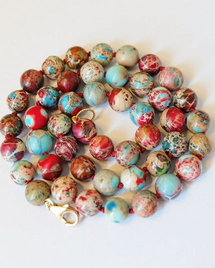 Red Beaded Necklace – Hand-Knotted 8mm Imperial Jasper with 14K Gold-Filled Clasp (18")