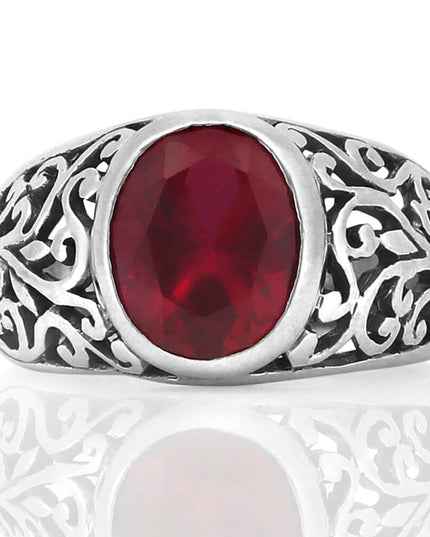 Merlot Ring – Handmade 925 Sterling Silver CZ Ring with Red Cubic Zirconia, 14mm Wide, Adjustable Size 7-14