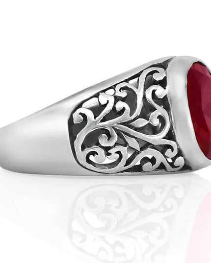 Merlot Ring – Handmade 925 Sterling Silver CZ Ring with Red Cubic Zirconia, 14mm Wide, Adjustable Size 7-14