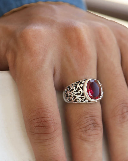 Merlot Ring – Handmade 925 Sterling Silver CZ Ring with Red Cubic Zirconia, 14mm Wide, Adjustable Size 7-14