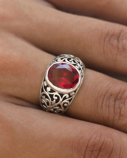 Merlot Ring – Handmade 925 Sterling Silver CZ Ring with Red Cubic Zirconia, 14mm Wide, Adjustable Size 7-14