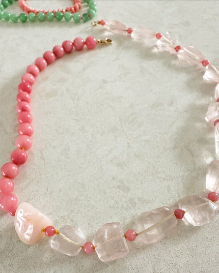 Rose Quartz, Pink Opal & Morganite Necklace – Hand-Knotted Gemstone Jewelry with 14K Gold Clasp