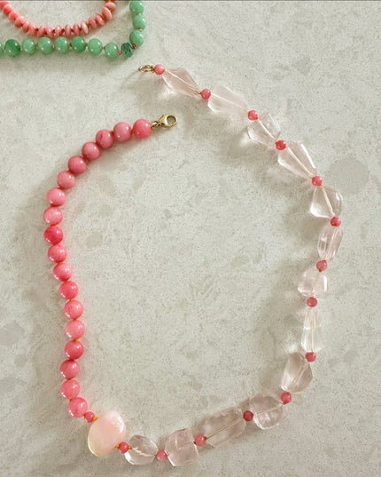 Rose Quartz, Pink Opal & Morganite Necklace – Hand-Knotted Gemstone Jewelry with 14K Gold Clasp