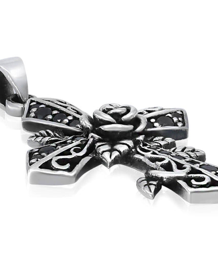 Rose Cross Pendant – Solid 925 Sterling Silver with Black CZ Stones