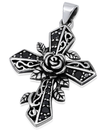 Rose Cross Pendant – Solid 925 Sterling Silver with Black CZ Stones