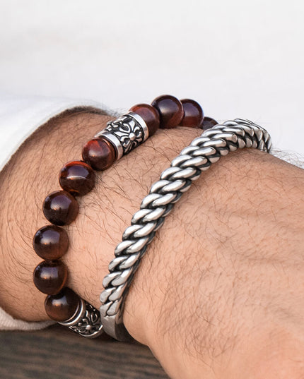 Red Tiger Eye Bracelet – 925 Sterling Silver Natural Gemstone Beads, 6mm 8mm 10mm, Unisex