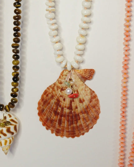 Mother of Pearl Shell Charm Necklace – Hand-Knotted Beads with Coral, Pearl & Tourmaline Charms, 14K Gold-Filled Clasp