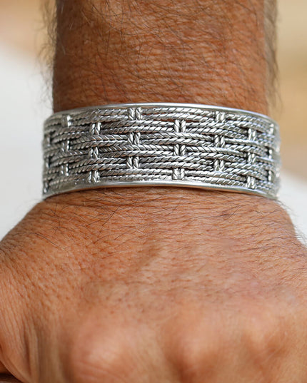 Basket Weave Sterling Silver Cuff Bracelet – Solid 925, Unisex 22mm Wide (38g)