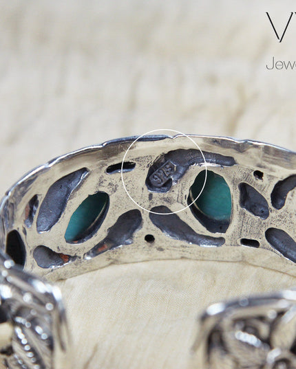 Turquoise Leaves Cuff Bracelet – Solid 925 Sterling Silver with Genuine Turquoise Stones