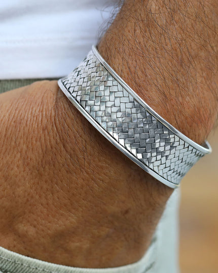 Silver Magic Braided Cuff Bracelet – Solid 925 Sterling Silver, Unisex, 22mm Width, Adjustable 6.2" to 8.5" Wrist