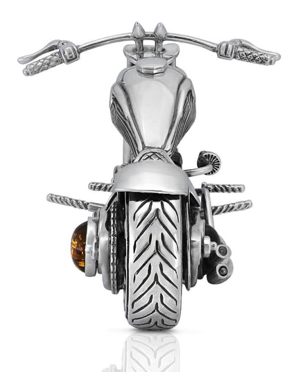 Silver Bike Handmade 925 Sterling Silver Motorbike Figurine with Baltic Amber – 6.3" x 2.35", 162g