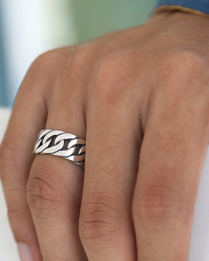 Silver Links 925 Sterling Silver Ring – 9mm Wide Band, Sizes 7–14, Made in Thailand