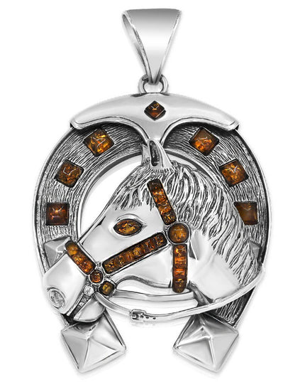 Silver Horseshoe Handmade 925 Sterling Silver Pendant with Baltic Amber – 78mm x 65mm, 79g
