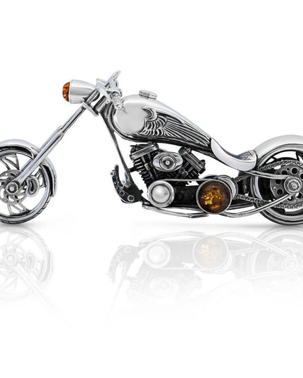 Silver Bike Handmade 925 Sterling Silver Motorbike Figurine with Baltic Amber – 6.3" x 2.35", 162g
