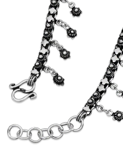 Wreath Anklet 925 Sterling Silver with Flower Design – 14.5mm Wide, Adjustable 10–11", 19g