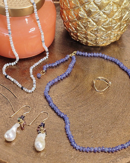 Tanzanite Tennis Necklace – 5-6mm Beads, Hand-Knotted on Lavender Silk with 14K Gold S Clasp & Charm (Adjustable 18–20")