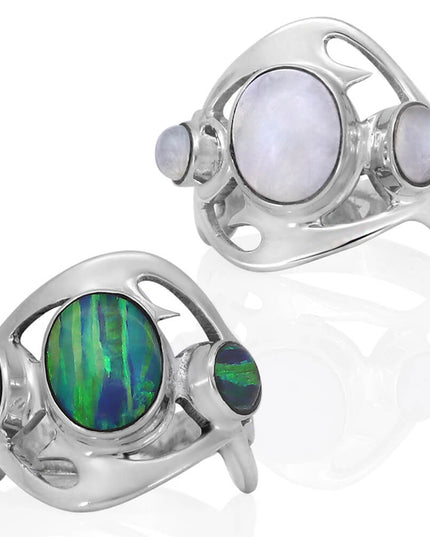 Three Dreams 925 Sterling Silver Women’s Ring – Blue Opal & Moonstone Trio, Sizes 6–12, Handmade Design