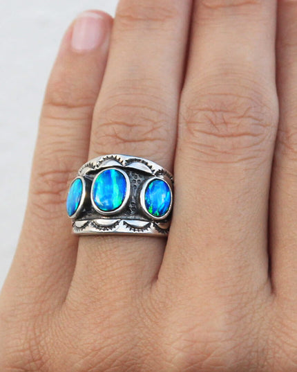 Three Blue Opal Ring – Sterling Silver Women’s Handmade Gemstone Jewelry