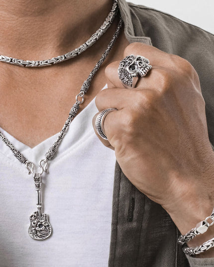 Metal Rock 925 Sterling Silver Skull Guitar Pendant – Music Lover Design, 19x53mm, 11.5g